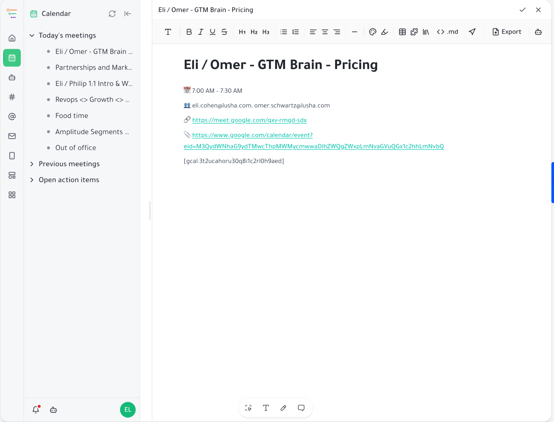 Meeting task with nested notes and action items