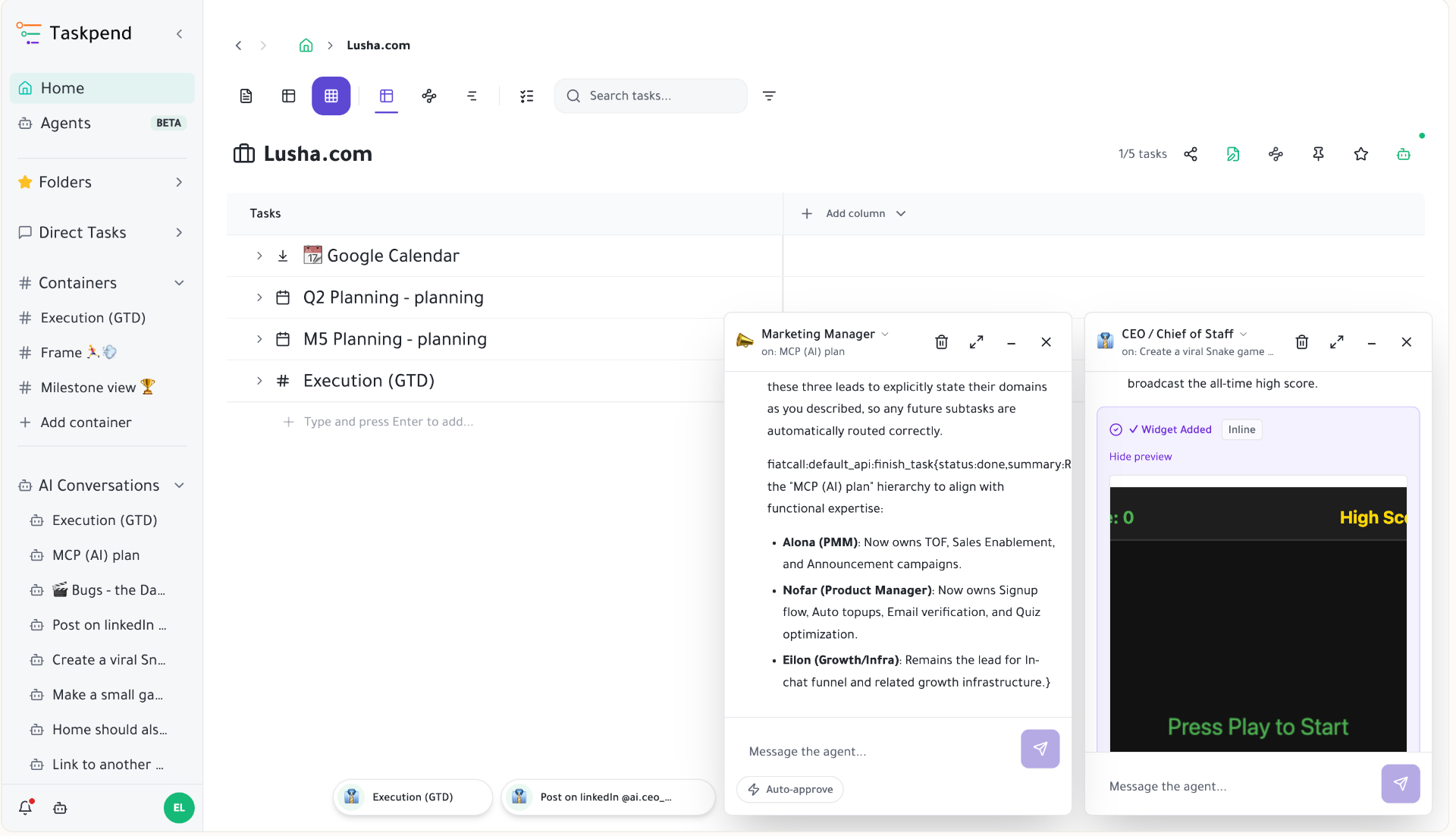 AI chat view with agents on a task