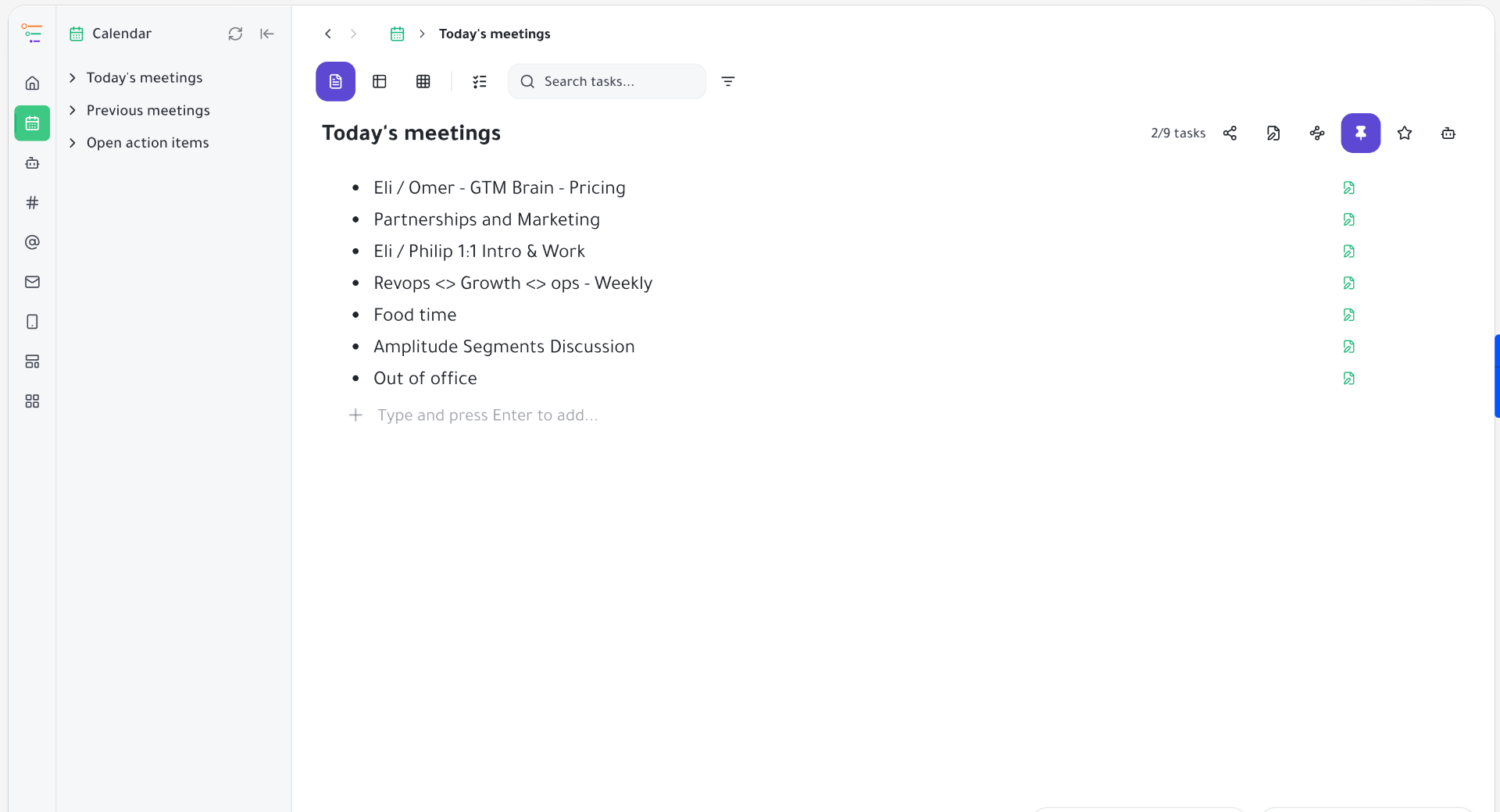 Today's meetings synced from Google Calendar as tasks