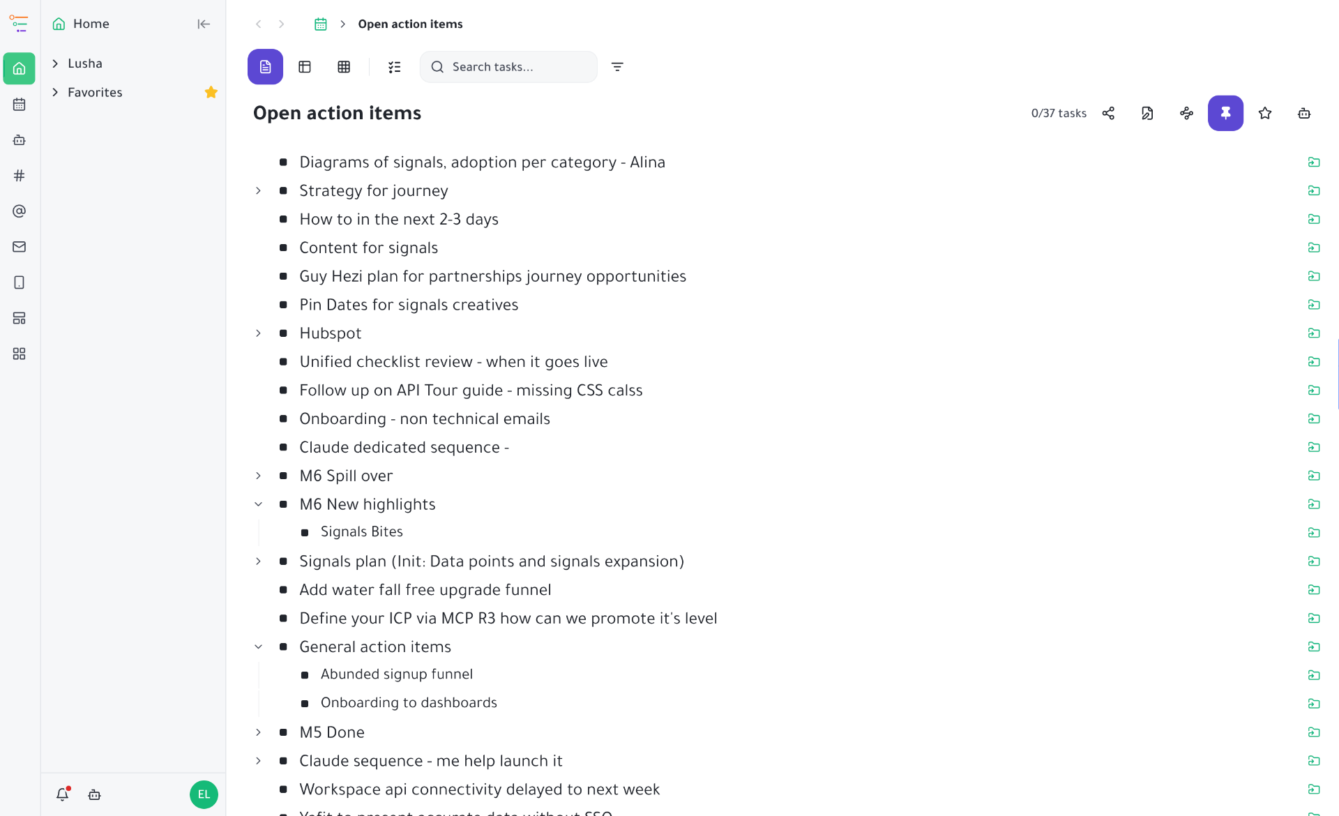 Open action items rolled up from meetings