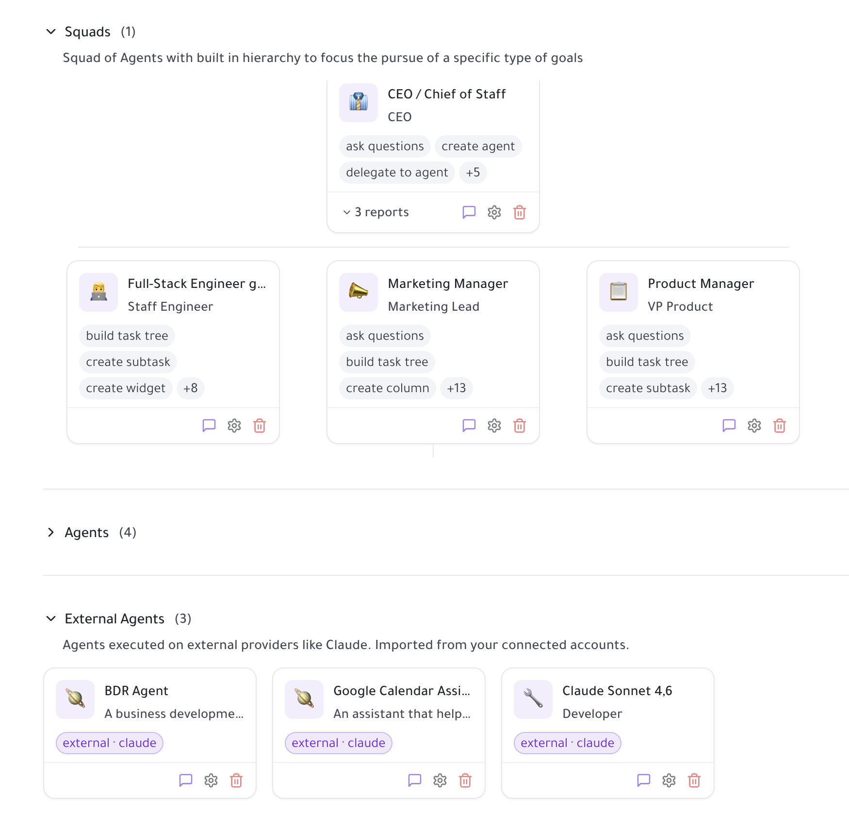 Squad of agents with built-in hierarchy