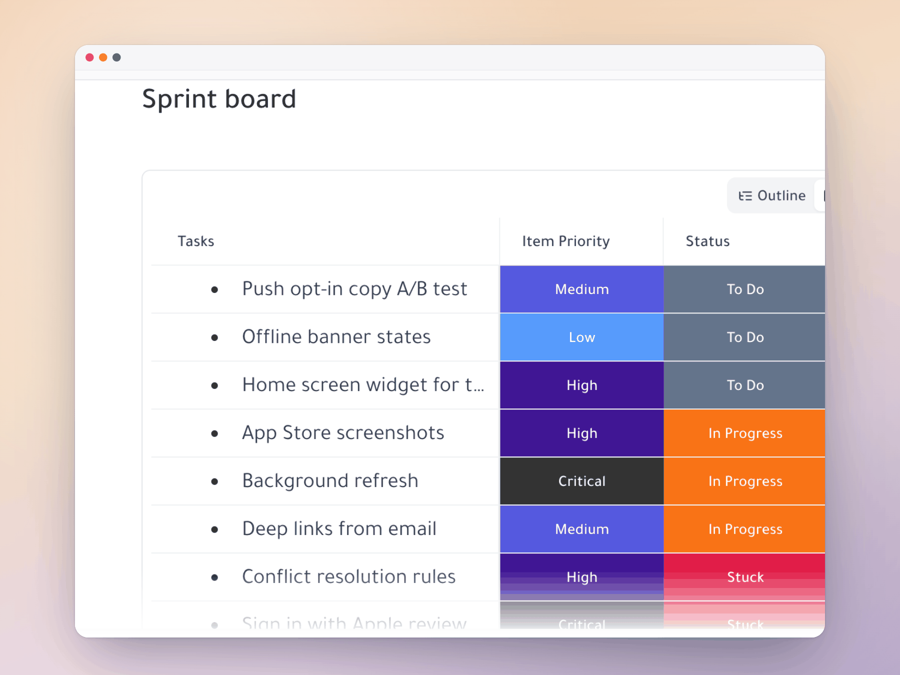 A sprint document with its tasks embedded as a spreadsheet, and an Outline, Sheet, Board switch