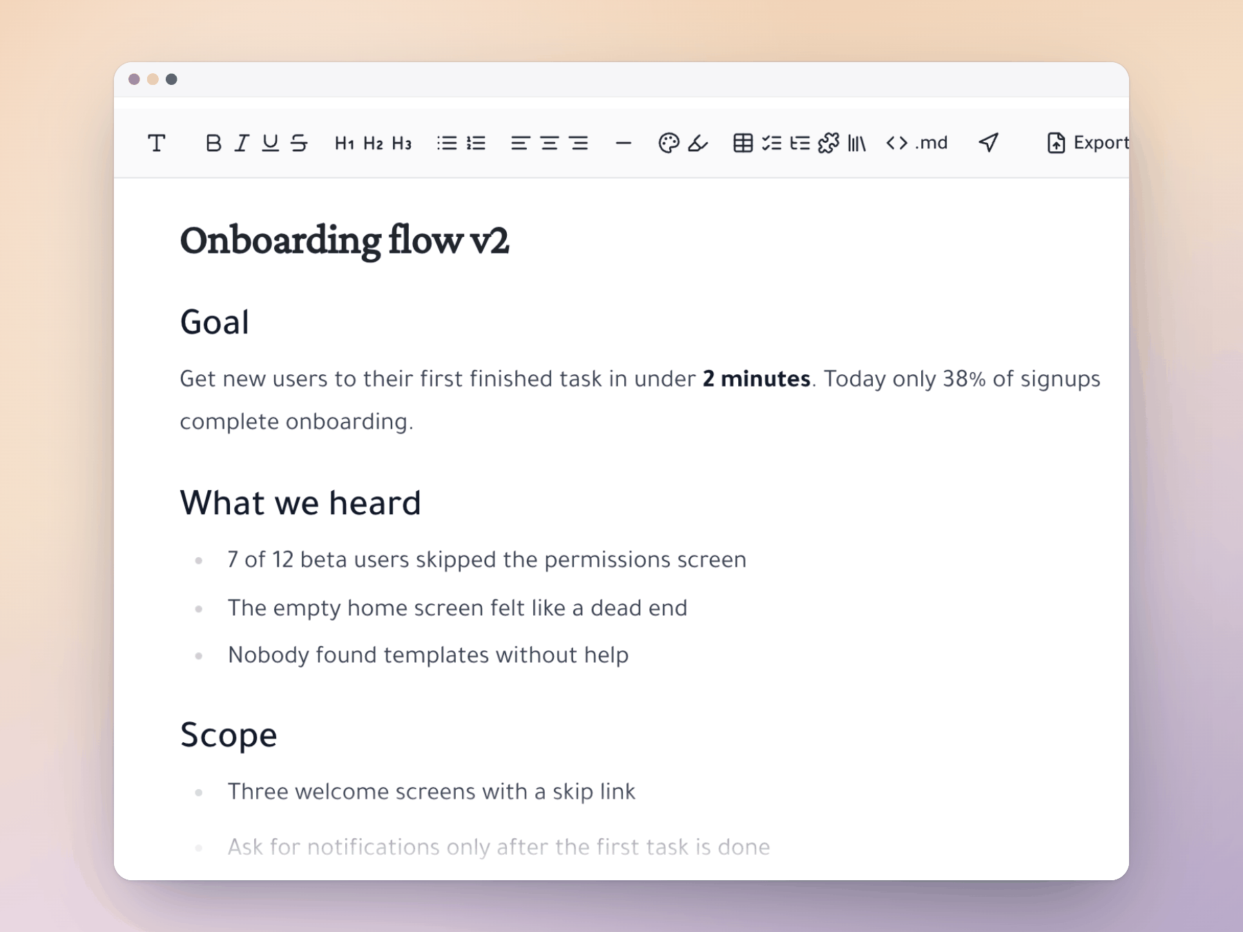 Onboarding flow spec with headings and bullet lists, and the formatting toolbar