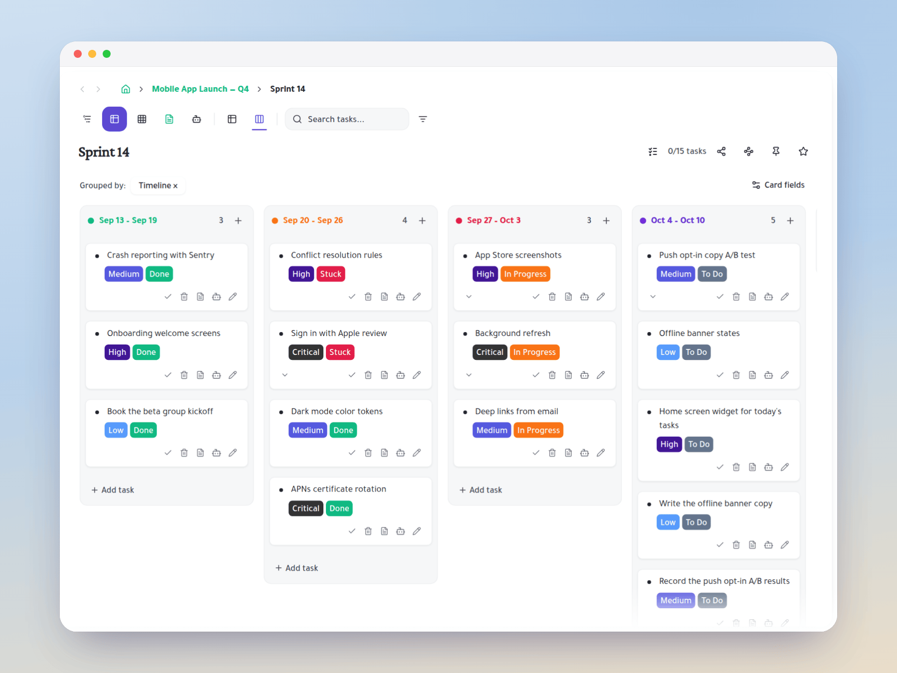 Sprint 14 as a board grouped by week, with colored status tags
