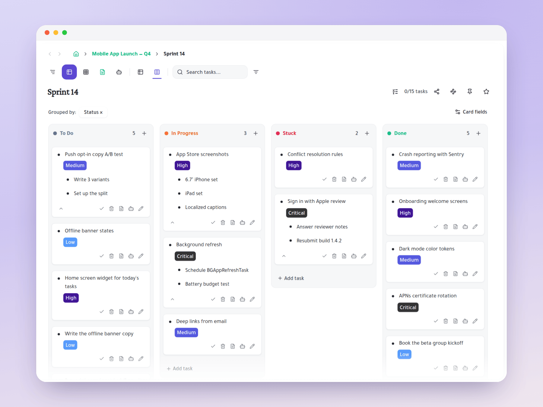 The same status board with cards expanded to show their subtasks