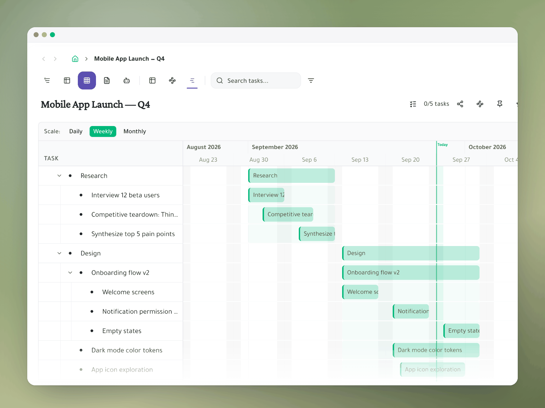 Mobile App Launch plan as a weekly roadmap with a bar per task