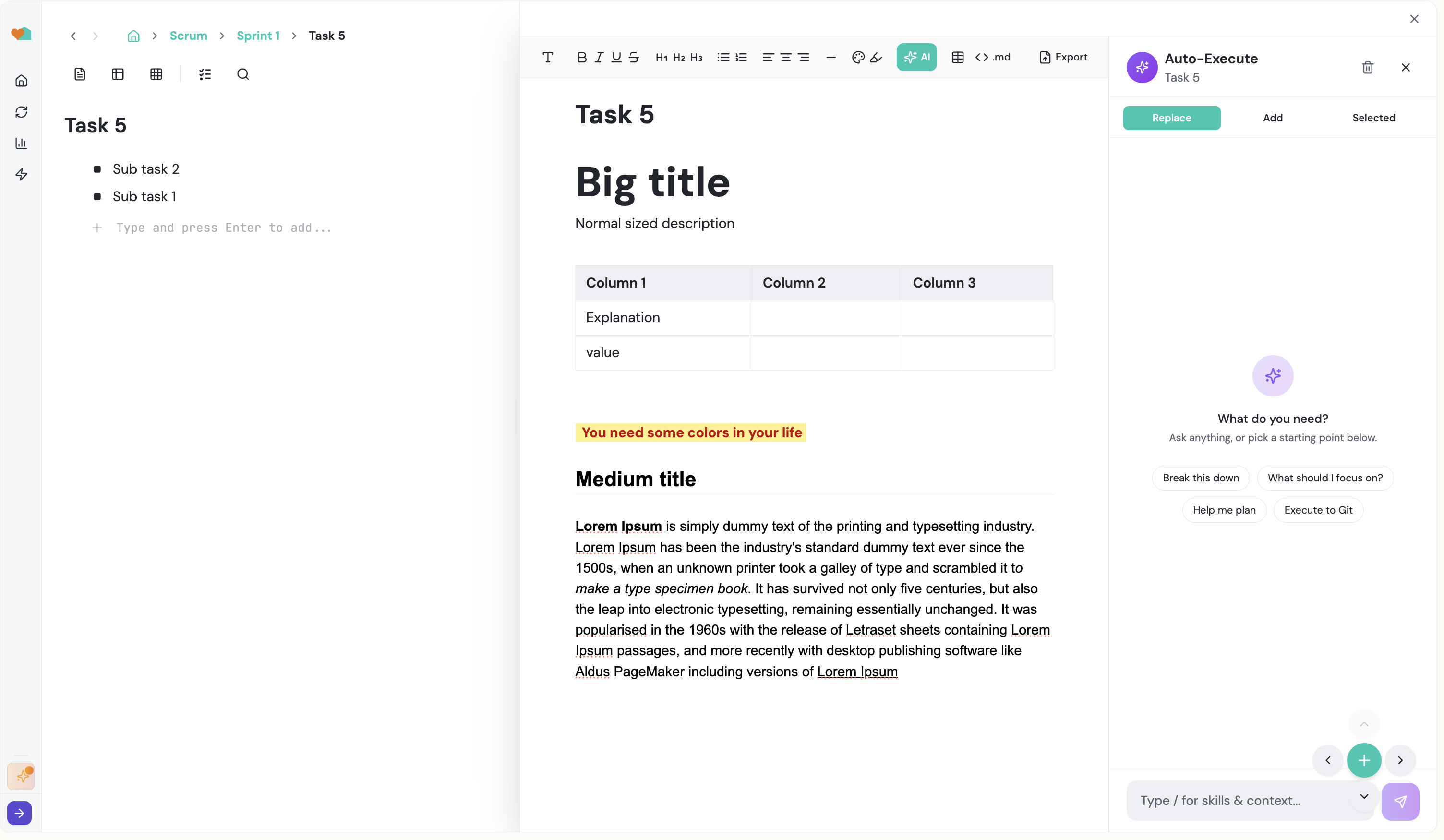 Document view with rich text editing