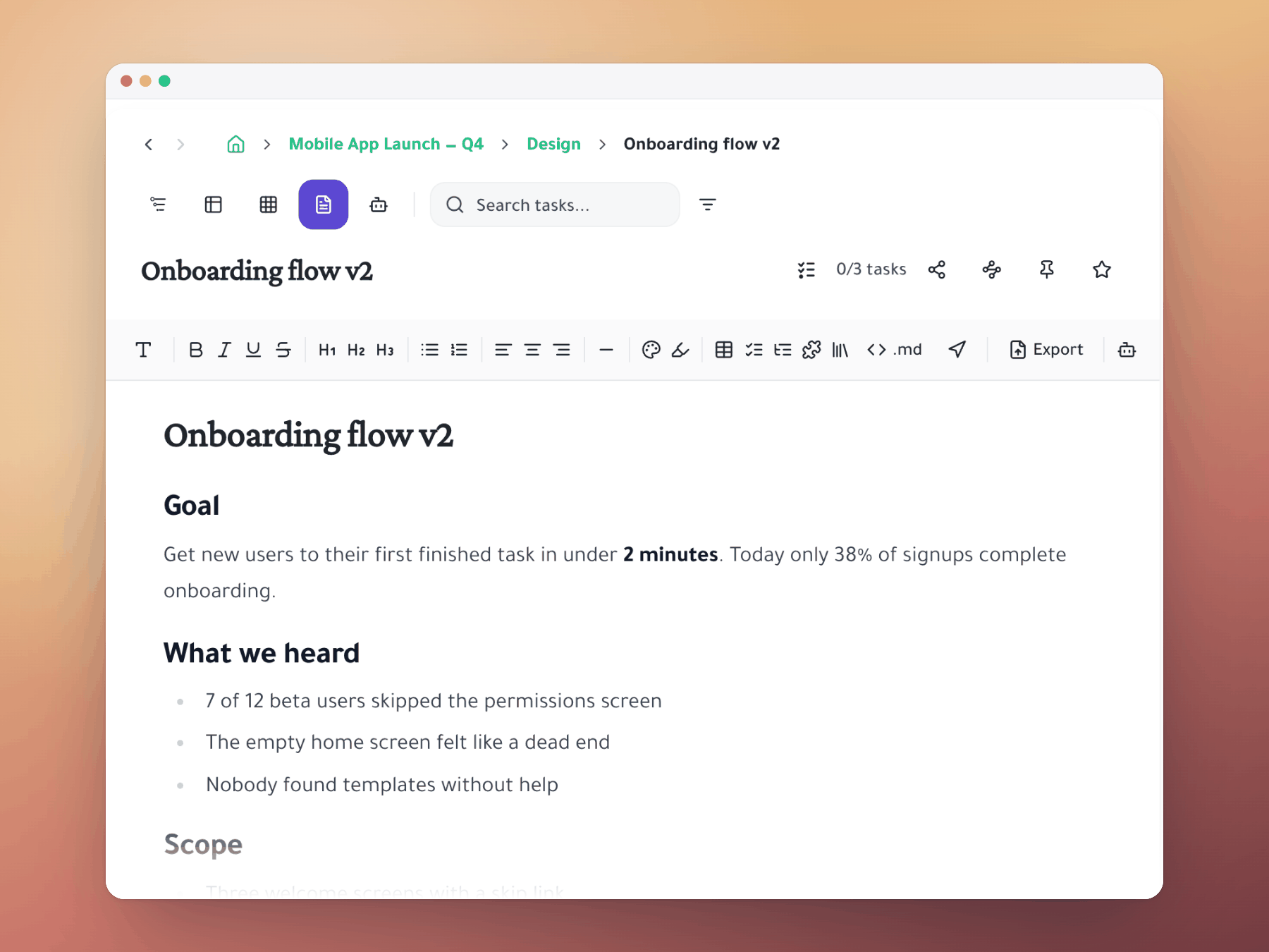 A task opened as a document, with its spec written next to the work