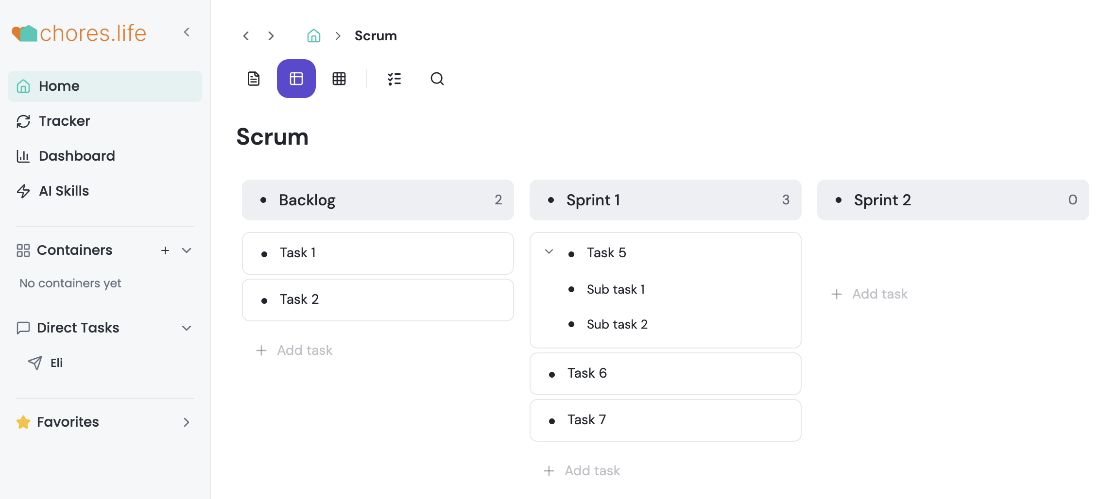 Kanban board view in Taskpend showing tasks in columns