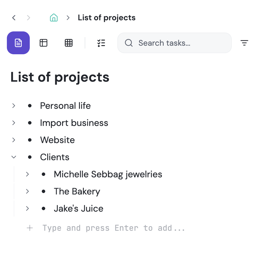 Outliner with tasks and nesting