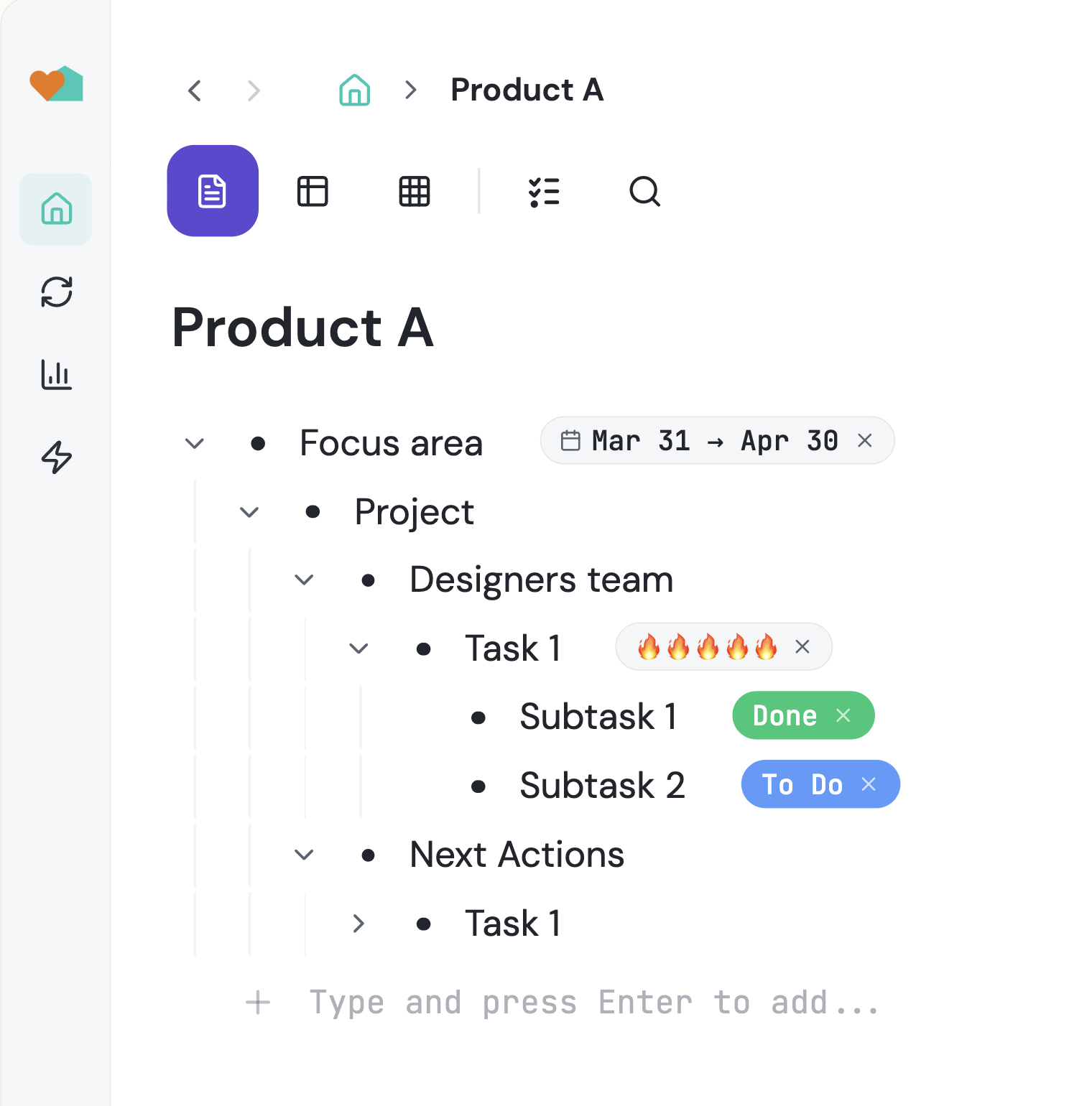 Taskpend outliner view showing infinite task nesting and hierarchy
