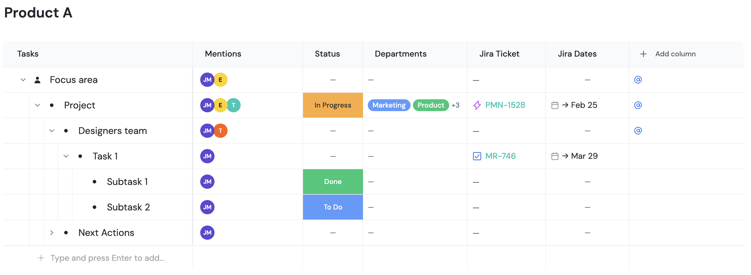 Spreadsheet view with custom columns