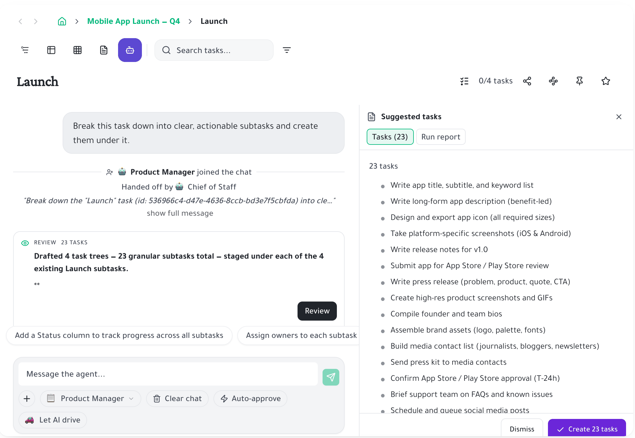 AI chat view with agents on a task