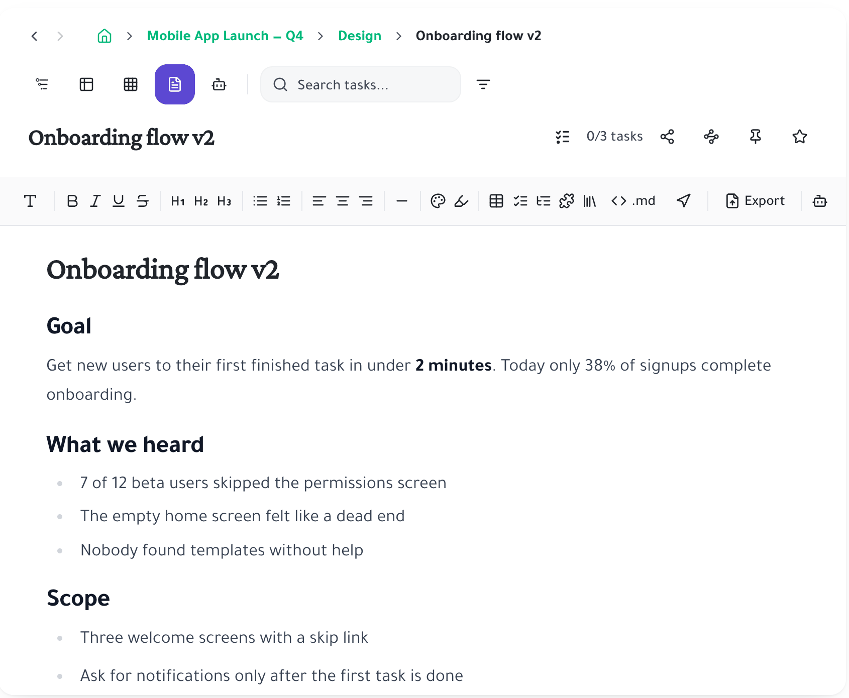 Document view with rich text editing