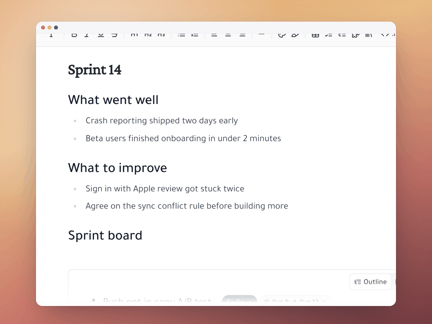 Sprint 14 document with retro notes: what went well and what to improve