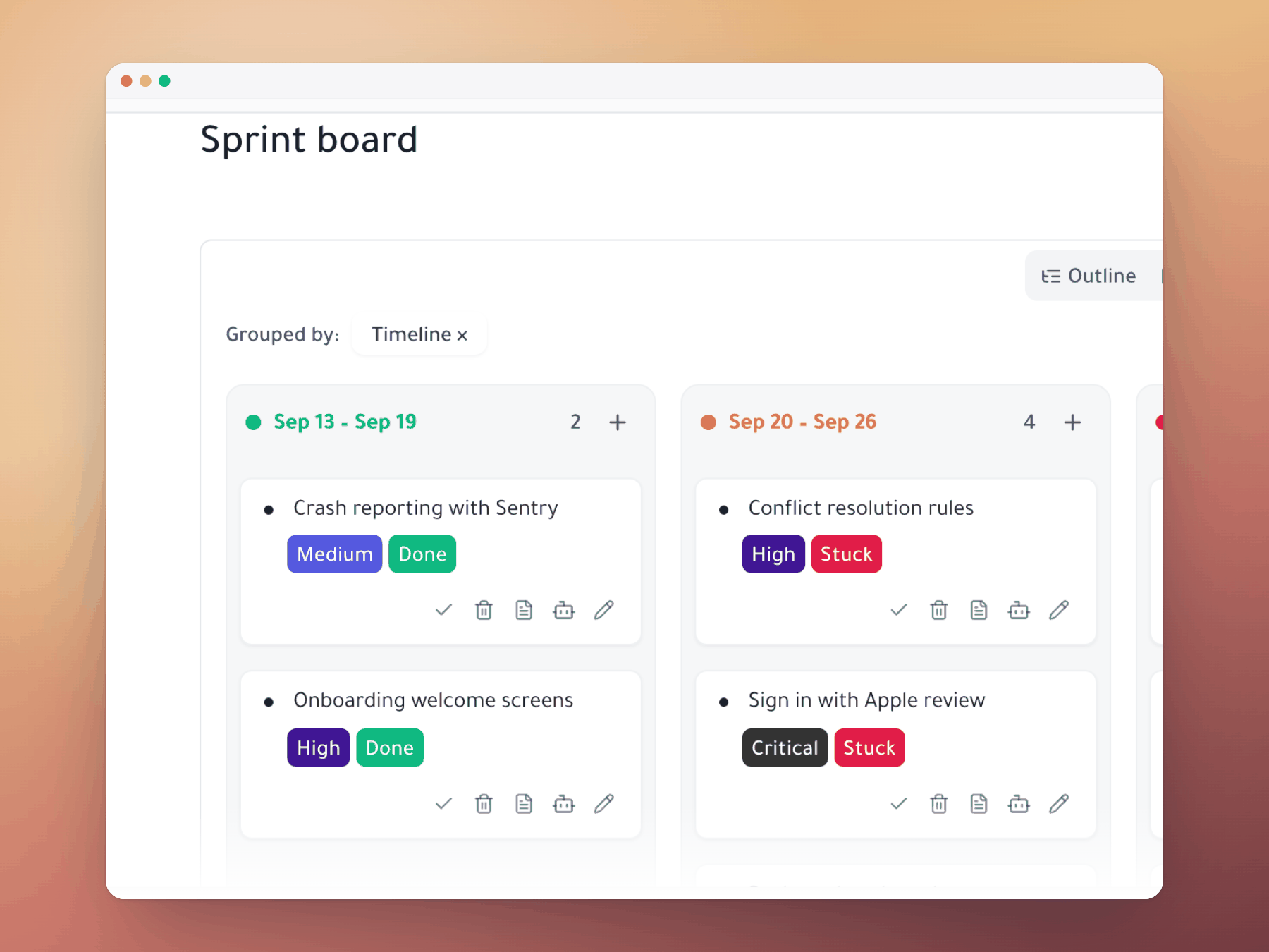 Sprint 14 board embedded in the retro document, grouped by week with colored status tags