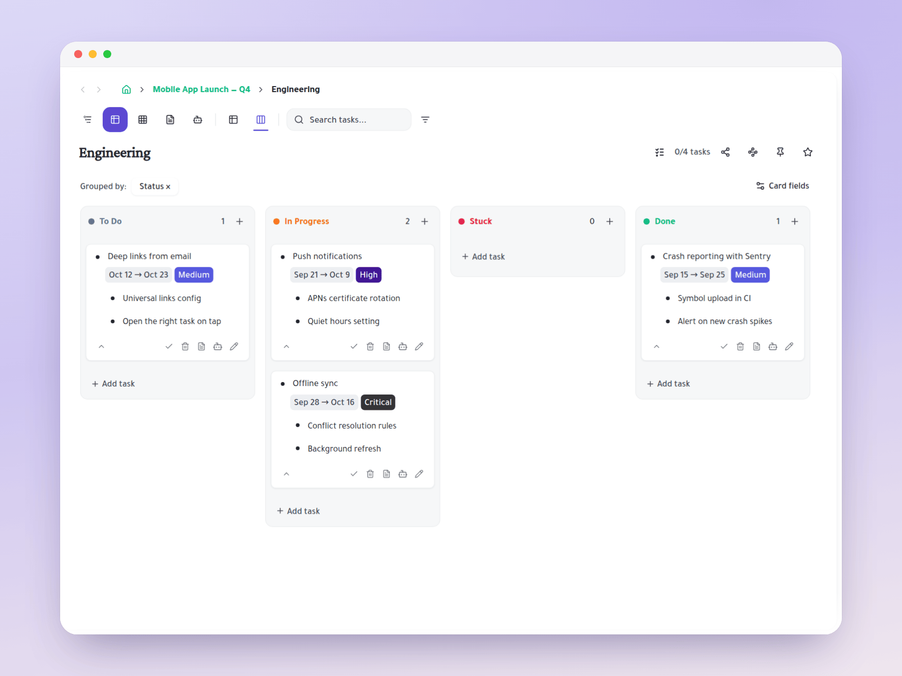 Engineering opened as its own board grouped by status, with each story expanded to show its tasks