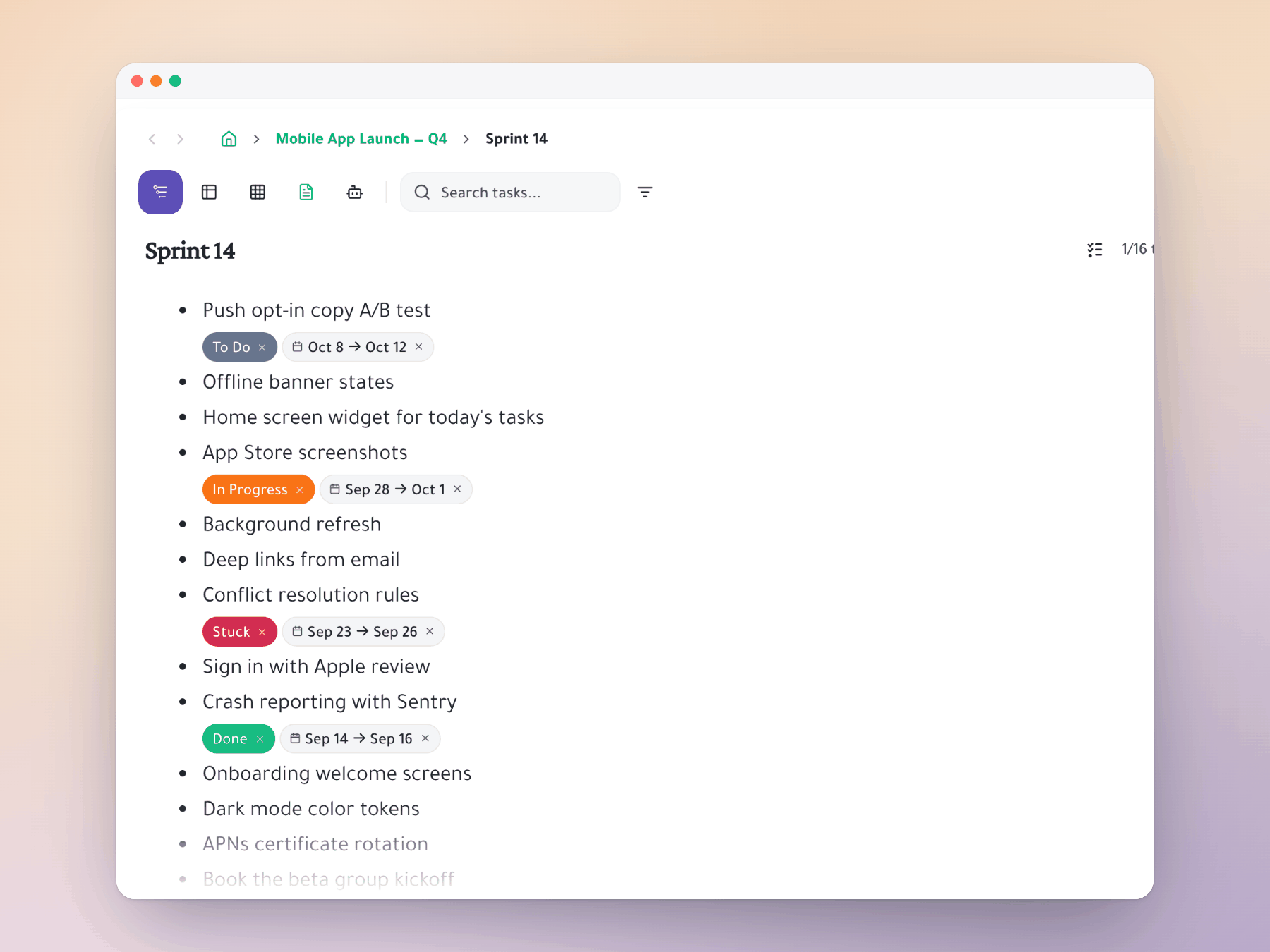 Sprint 14 as an outline with status and timeline chips on the tasks