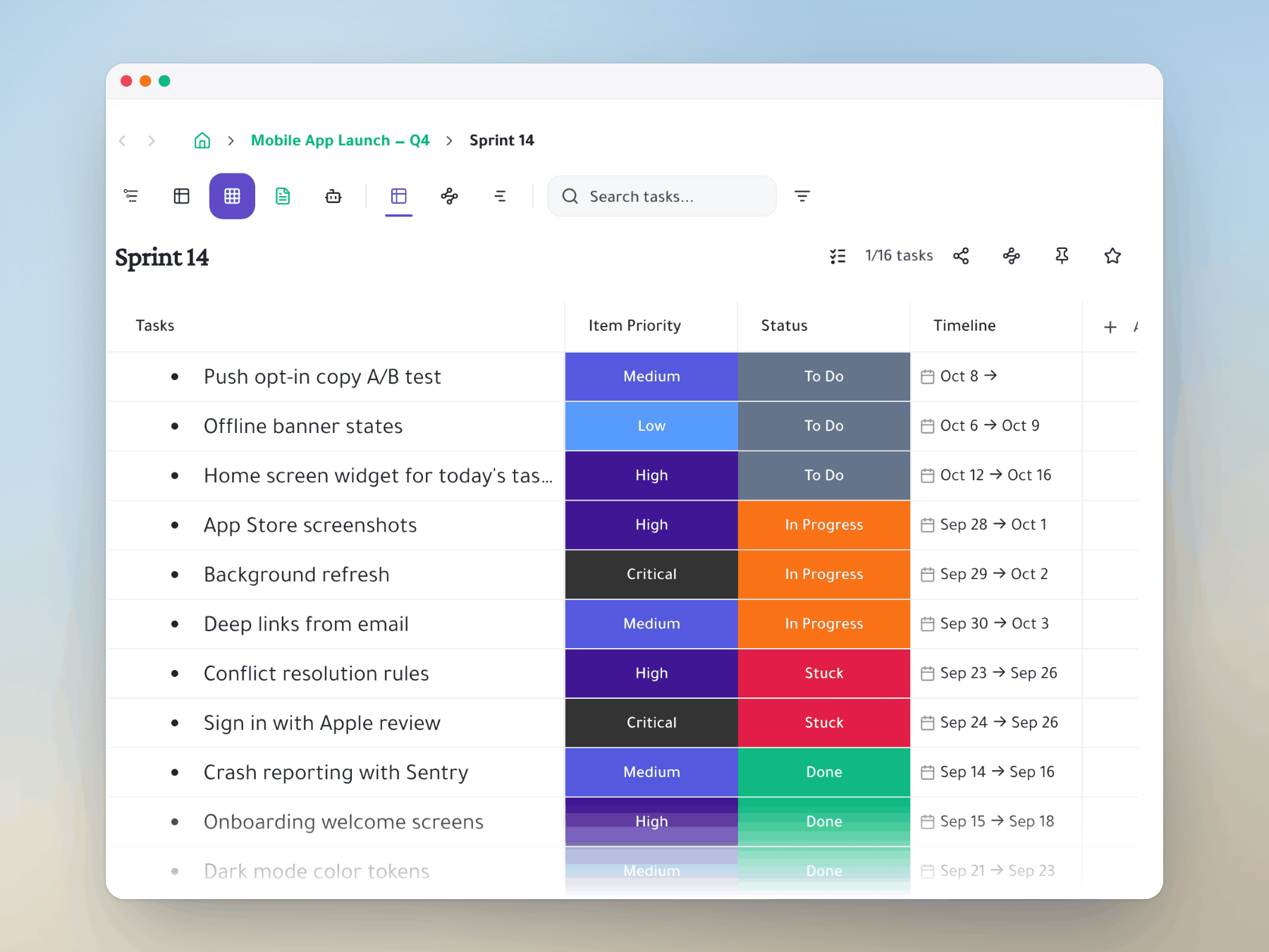 Sprint 14 as a spreadsheet with priority, status and timeline columns