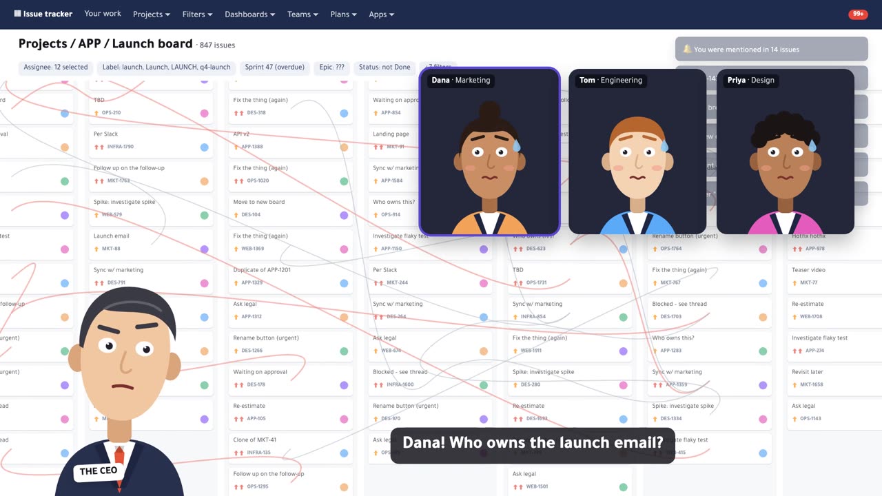 Before: a CEO chasing three teams for status across a crowded issue tracker